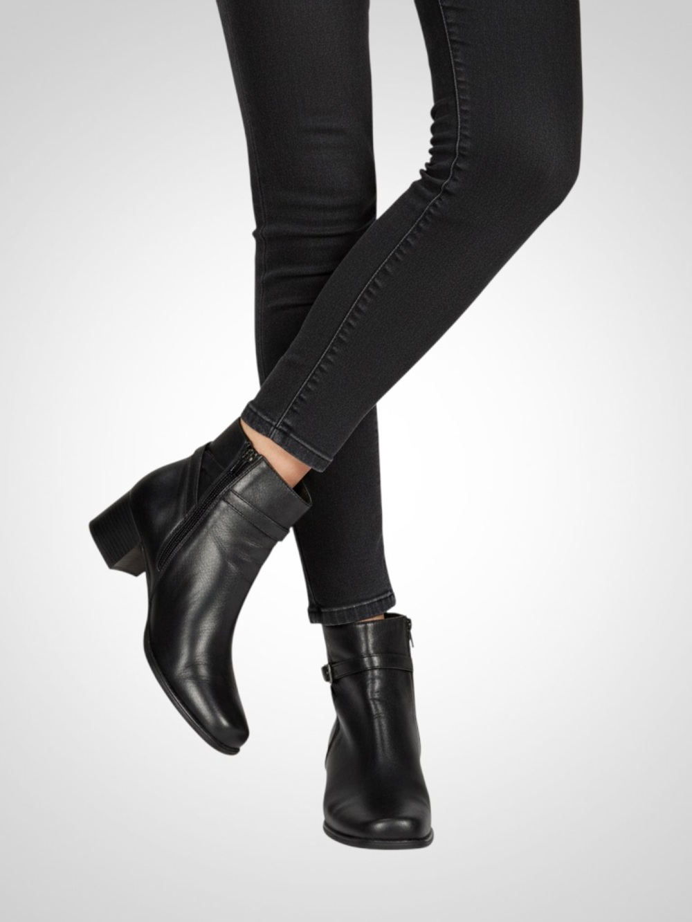 Pesaro Black Leather Ankle Boots with Block Heel and Strap
